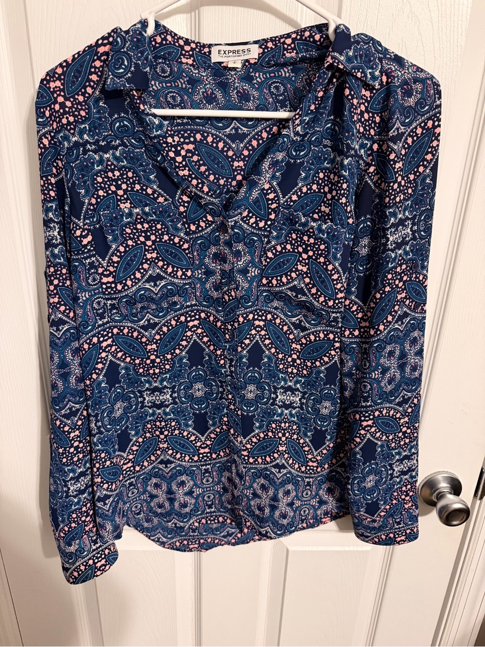 Express Navy Paisley Print Blouse with Pink Accents